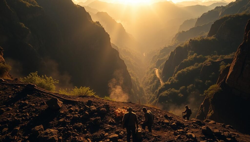 Sweeping vistas of lush, mountainous terrain, the sun's golden rays illuminating the rugged landscape. In the foreground, weathered miners toil in the earth, their tools and equipment casting long shadows. Glittering nuggets and flecks of precious metal emerge from the soil, a testament to the untold riches buried deep within the Latin American earth. A hazy, atmospheric quality pervades the scene, evoking the timeless, arduous nature of this ancient pursuit. Dramatic cliffs and ravines frame the dynamic composition, hinting at the dramatic topography that has drawn generations of prospectors to these storied lands. Capture the allure and majesty of Latin America's golden mining heritage in a cinematic, awe-inspiring tableau.