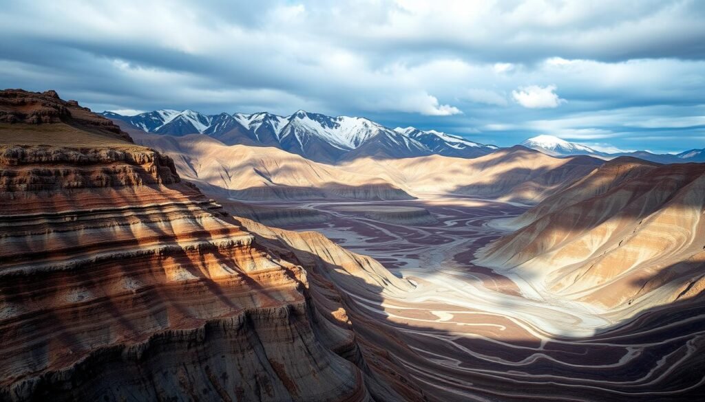 Vast, rugged landscape of the Yukon, Canada. In the foreground, intricate geological formations of the mega-deposit, layered sedimentary rock and mineral veins exposed by erosion. Towering mountains in the middle ground, their slopes sculpted by glacial activity. Dramatic lighting casts long shadows, highlighting the textures and contours of the terrain. The sky is a moody blend of greys and blues, suggesting the remote, untamed nature of this northern region. A sense of grandeur and ancient geological forces at work, conveying the immense scale and significance of this newly discovered gold-rich deposit.
