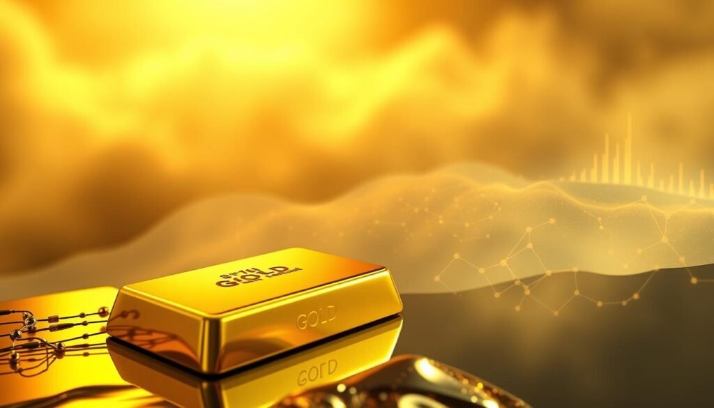 a beautifully rendered 3D illustration of blockchain technology as a digital representation of a gold bar or ingot. The foreground features the shiny, reflective surface of the gold with a subtle network of blockchain nodes and connections overlaying it, symbolizing the integration of blockchain and gold. The middle ground depicts a hazy, ethereal landscape with digital elements like hexagonal grids and data streams, creating a sense of futuristic technology. The background is a moody, atmospheric scene with a warm, golden glow, emphasizing the timeless nature of gold as an investment asset. The lighting is dramatic, with directional illumination casting shadows and highlights to accentuate the textures and details. The overall composition conveys a sense of innovation, value, and the evolving role of blockchain in the world of precious metals. a beautifully rendered 3D illustration of blockchain technology as a digital representation of a gold bar or ingot. The foreground features the shiny, reflective surface of the gold with a subtle network of blockchain nodes and connections overlaying it, symbolizing the integration of blockchain and gold. The middle ground depicts a hazy, ethereal landscape with digital elements like hexagonal grids and data streams, creating a sense of futuristic technology. The background is a moody, atmospheric scene with a warm, golden glow, emphasizing the timeless nature of gold as an investment asset. The lighting is dramatic, with directional illumination casting shadows and highlights to accentuate the textures and details. The overall composition conveys a sense of innovation, value, and the evolving role of blockchain in the world of precious metals.