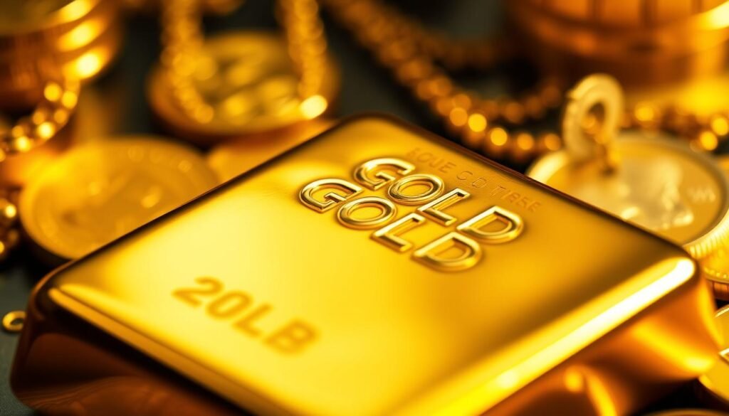 a captivating close-up shot of a shiny gold bullion bar, its surface gleaming under warm, directional lighting, casting soft shadows across its edges, set against a blurred background of gold coins and jewelry, reflecting the value and allure of gold as a safe haven investment in today's uncertain economic climate, with a sense of refinement and sophistication