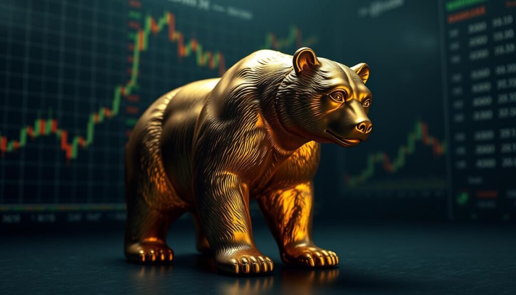 a detailed 3D rendering of a bear figurine made of solid gold, standing in a dimly lit, gloomy and desaturated financial trading environment, with stock charts and graphs visible in the background, casting a somber, ominous mood; the bear is posed in a defensive, protective stance, as if weathering a bear market, with dramatic shadows and highlights emphasizing its weighty, metallic presence; the overall composition conveys a sense of the historical performance and challenges of gold during economic downturns