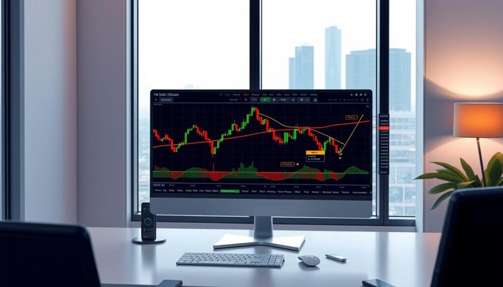 a detailed digital painting of a financial trading dashboard with various technical indicators for gold trading, such as moving averages, Bollinger bands, and relative strength index (RSI). The dashboard is shown on a large computer monitor in a modern, minimalist office setting, with a cityscape visible through the window in the background. The indicators are displayed in a clean, data-driven layout, with precise lines, shapes, and typography. The overall tone is one of focus, analysis, and professional decision-making, conveying the importance of backtesting and validating trading strategies before implementation. a detailed digital painting of a financial trading dashboard with various technical indicators for gold trading, such as moving averages, Bollinger bands, and relative strength index (RSI). The dashboard is shown on a large computer monitor in a modern, minimalist office setting, with a cityscape visible through the window in the background. The indicators are displayed in a clean, data-driven layout, with precise lines, shapes, and typography. The overall tone is one of focus, analysis, and professional decision-making, conveying the importance of backtesting and validating trading strategies before implementation.