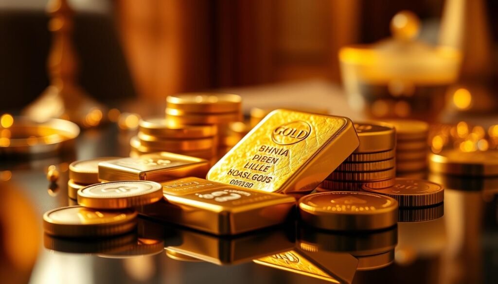 a detailed, high-resolution image of gold bars and coins arranged on a reflective surface, with a soft, warm lighting illuminating the scene. The gold items should be the primary focus, occupying the foreground, with a blurred background suggesting a luxurious, elegant setting. The composition should convey the solidity, value, and enduring nature of gold as a financial asset. Subtle shadows and highlights should accentuate the luster and texture of the precious metal. The overall mood should be one of stability, wealth, and timeless appeal.