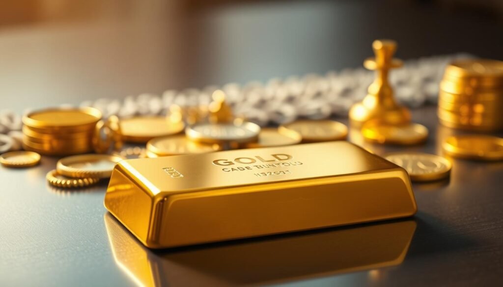 a detailed, highly realistic photograph of a gold bar resting on a smooth, reflective surface, surrounded by an assortment of shiny golden coins and jewelry, all bathed in warm, soft lighting that creates a sense of opulence and wealth. The composition places the gold bar in the foreground, with the coins and jewelry arranged in the middle ground, and a subtle, blurred background hinting at a luxurious setting, such as a plush rug or a polished wood table. The lighting is carefully curated to accentuate the intricate details and the lustrous sheen of the precious metals, evoking a feeling of stability, security, and the enduring value of gold as an investment asset.