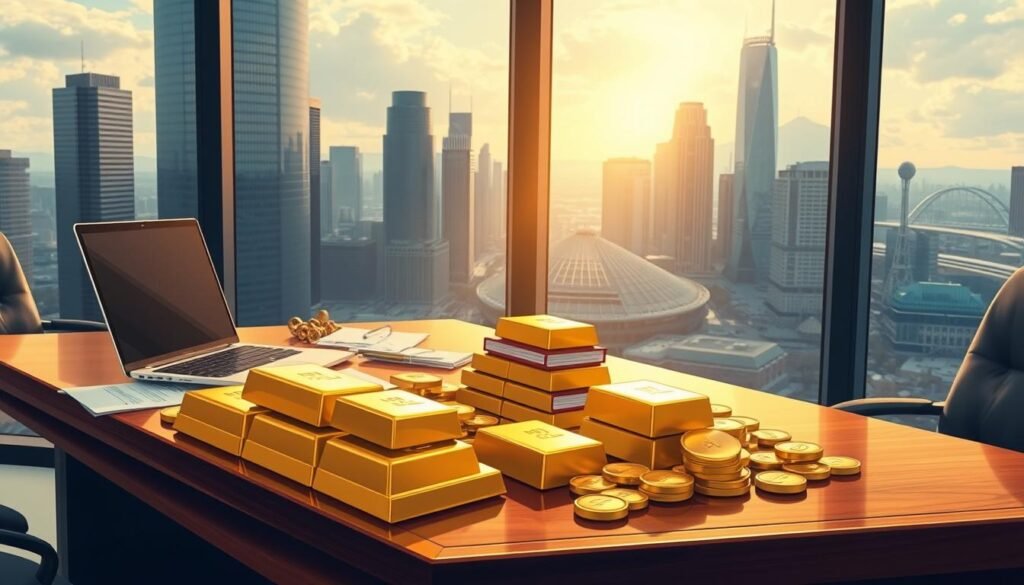 a detailed illustration of gold bars and coins in a formal global financial setting, with a cityscape of modern skyscrapers and infrastructure visible through large windows in the background, conveying the importance of gold as a core asset in the global economy. The foreground should feature a polished wooden desk with carefully arranged gold bullion and coins, with a laptop, documents, and other business accoutrements nearby, creating a sense of sophisticated wealth management. Soft, directional lighting should emanate from the windows, casting warm, golden tones across the scene and highlighting the luster of the precious metals. The overall mood should be one of authority, stability, and the enduring value of gold as a safe-haven investment. a detailed illustration of gold bars and coins in a formal global financial setting, with a cityscape of modern skyscrapers and infrastructure visible through large windows in the background, conveying the importance of gold as a core asset in the global economy. The foreground should feature a polished wooden desk with carefully arranged gold bullion and coins, with a laptop, documents, and other business accoutrements nearby, creating a sense of sophisticated wealth management. Soft, directional lighting should emanate from the windows, casting warm, golden tones across the scene and highlighting the luster of the precious metals. The overall mood should be one of authority, stability, and the enduring value of gold as a safe-haven investment.