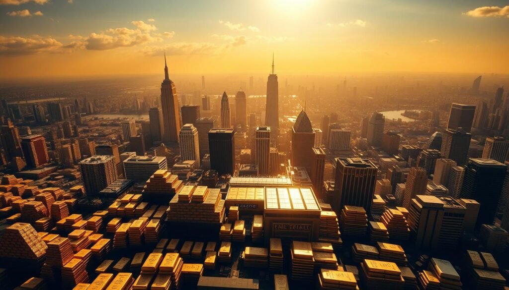 a dramatic, high-contrast aerial shot of a diverse array of gold exchange-traded fund (ETF) products arrayed against a background of a gleaming golden skyline, with the sun's rays casting long shadows across the scene. The foreground features a range of gold ETF shares, bars, and coins in various sizes and shapes, meticulously detailed and rendered in burnished, reflective gold tones. The midground showcases a complex network of financial data displays, stock tickers, and analytical charts, hinting at the sophisticated ecosystem of gold ETF trading. In the distant background, a panoramic vista of modern skyscrapers and financial centers, conveying a sense of global reach and institutional scale. The overall mood is one of grandeur, authority, and the vast financial power of the gold ETF market.