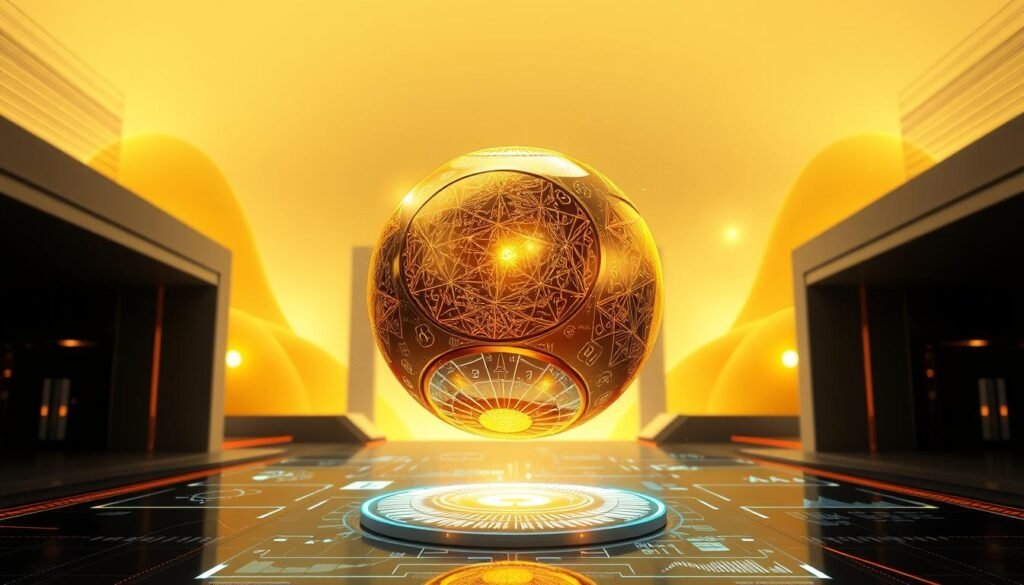 a dynamic and captivating 3D render of gold tokenization, showcasing a gleaming golden sphere levitating amidst a futuristic, technology-infused landscape. The sphere is adorned with intricate, blockchain-inspired patterns that shimmer and pulsate, representing the digital transformation of the traditional gold investment asset. In the foreground, a sleek holographic interface displays data visualizations and analytics, providing insights into the token's performance and integration with blockchain technology. The middle ground features a minimalist architectural backdrop, with clean lines and geometric shapes that evoke a sense of innovation and progress. The background is shrouded in a warm, golden glow, evoking a feeling of wealth, stability, and the enduring value of gold in the digital age.