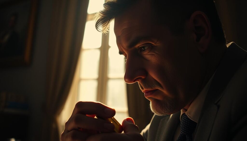 a high-contrast, cinematic portrait of a pensive investor intently examining a gleaming gold bar, illuminated by warm natural light filtering through a window, their face half-shadowed, conveying the psychological depth and focus of gold investment decisions, set against a muted, elegant backdrop of a tastefully-appointed office or study, with minimal distractions to draw the viewer's attention away from the central subject and their contemplative expression a high-contrast, cinematic portrait of a pensive investor intently examining a gleaming gold bar, illuminated by warm natural light filtering through a window, their face half-shadowed, conveying the psychological depth and focus of gold investment decisions, set against a muted, elegant backdrop of a tastefully-appointed office or study, with minimal distractions to draw the viewer's attention away from the central subject and their contemplative expression
