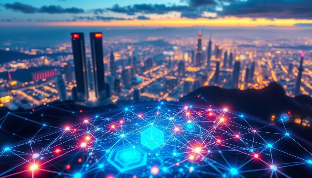 a high-quality, detailed, and visually stunning image of "Blockchain Technology Fundamentals". The image should depict a futuristic, technologically-advanced landscape with a central focus on a complex blockchain network visualization. In the foreground, there should be a stylized three-dimensional representation of a blockchain, with intricate geometric patterns and glowing nodes interconnected by elegant, luminous lines. The middle ground should feature abstract shapes and symbols representing core blockchain concepts such as cryptography, decentralization, and consensus mechanisms. The background should showcase a cityscape or landscape with skyscrapers, futuristic architecture, and a vibrant, neon-infused color palette, conveying a sense of technological progress and innovation. The lighting should be dramatic, with a mix of cool, blue tones and warm, amber hues to create depth and atmosphere. The camera angle should be slightly elevated, offering a panoramic view of the entire scene. a high-quality, detailed, and visually stunning image of "Blockchain Technology Fundamentals". The image should depict a futuristic, technologically-advanced landscape with a central focus on a complex blockchain network visualization. In the foreground, there should be a stylized three-dimensional representation of a blockchain, with intricate geometric patterns and glowing nodes interconnected by elegant, luminous lines. The middle ground should feature abstract shapes and symbols representing core blockchain concepts such as cryptography, decentralization, and consensus mechanisms. The background should showcase a cityscape or landscape with skyscrapers, futuristic architecture, and a vibrant, neon-infused color palette, conveying a sense of technological progress and innovation. The lighting should be dramatic, with a mix of cool, blue tones and warm, amber hues to create depth and atmosphere. The camera angle should be slightly elevated, offering a panoramic view of the entire scene.