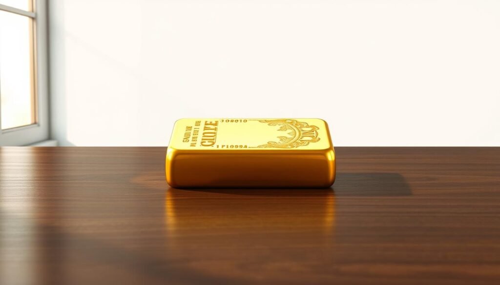 a high-quality, hyper-realistic 3D render of a classic gold bar resting on a dark, polished wooden table against a plain white background, bathed in warm, natural lighting from a large window to the left, capturing the brilliant golden sheen, sharp edges, and intricate patterns of the bar's surface in vivid detail, creating a sense of timeless elegance and the fundamental strength of gold as a currency standard