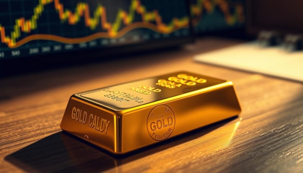 a highly detailed, high-resolution image of a gold bullion bar resting on a wooden desk, casting a warm, golden glow across the surface. In the background, a graph or chart depicting the fluctuations of gold prices over time, representing the role of gold as a hedging tool against market volatility. The lighting is soft and natural, creating a sense of sophistication and financial security. The composition emphasizes the solidity and value of the gold bar, contrasted with the dynamic market data in the background, conveying the idea of gold as a reliable haven for investors during times of economic uncertainty.