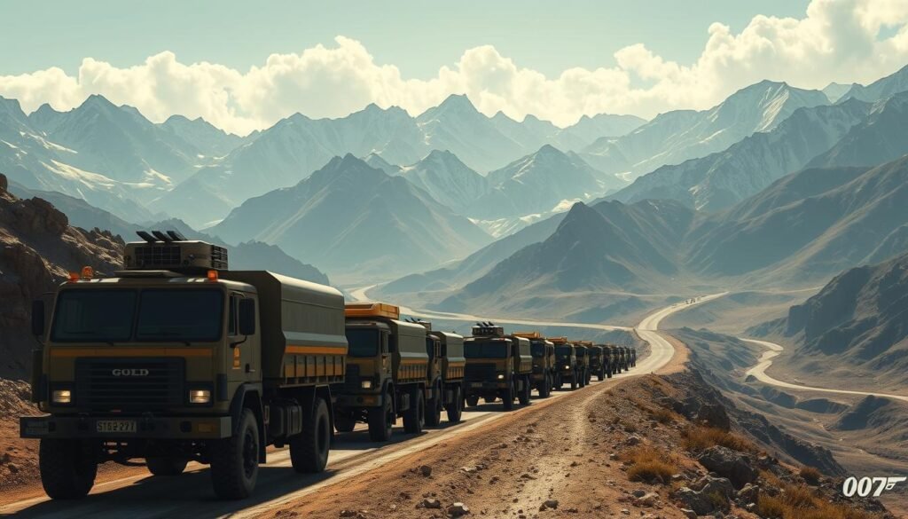 a highly detailed, hyper-realistic digital illustration of a cross-border gold transport operation, showcasing a convoy of armored vehicles transporting gold bars across a rugged, mountainous border region, with dramatic lighting and a strong sense of scale and grandeur. The foreground depicts the armored trucks and security personnel, with the middle ground revealing the winding mountain roads and valleys, and the background showcasing the imposing, snow-capped peaks of the border region. The scene conveys a sense of tension, importance, and the high-stakes nature of the gold transport, with a cinematic, almost Bond-esque aesthetic.