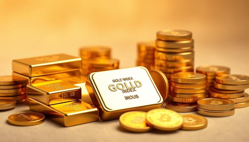 a highly detailed, photorealistic image of a gold index portfolio, featuring a set of gold bullion bars and coins arranged in a visually appealing composition. The bars and coins are set against a soft, muted background, with gentle lighting that creates a warm, inviting atmosphere. The image captures the sense of stability, security and wealth associated with a gold index portfolio. The composition is well-balanced, with the gold elements taking center stage and the background providing a subtle, complementary context. The overall effect is one of elegance, sophistication and financial security. a highly detailed, photorealistic image of a gold index portfolio, featuring a set of gold bullion bars and coins arranged in a visually appealing composition. The bars and coins are set against a soft, muted background, with gentle lighting that creates a warm, inviting atmosphere. The image captures the sense of stability, security and wealth associated with a gold index portfolio. The composition is well-balanced, with the gold elements taking center stage and the background providing a subtle, complementary context. The overall effect is one of elegance, sophistication and financial security.