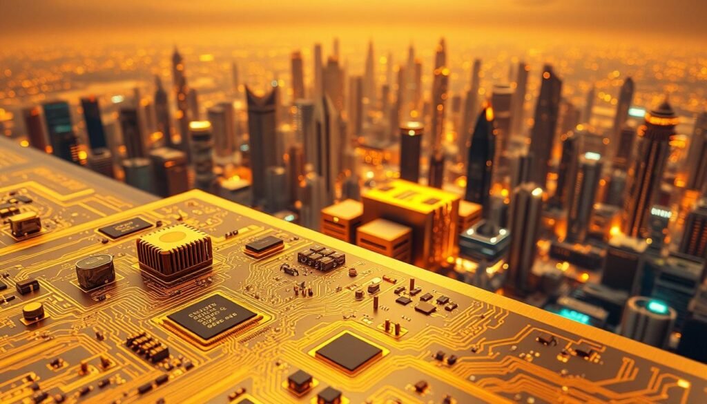a highly detailed, photorealistic image of gold and IoT technology seamlessly integrated, set against a futuristic, metallic backdrop. In the foreground, a golden, gleaming circuit board with intricate microchips and wiring, reflecting the light of a warm, ambient glow. In the middle ground, a cluster of sleek, interconnected IoT devices, their surfaces shimmering with a brushed gold finish. In the background, a vast, expansive cityscape of towering skyscrapers and glowing holographic displays, bathed in a warm, golden hue. The scene conveys a sense of technological innovation, elegance, and the harmonious fusion of precious metal and cutting-edge electronics. a highly detailed, photorealistic image of gold and IoT technology seamlessly integrated, set against a futuristic, metallic backdrop. In the foreground, a golden, gleaming circuit board with intricate microchips and wiring, reflecting the light of a warm, ambient glow. In the middle ground, a cluster of sleek, interconnected IoT devices, their surfaces shimmering with a brushed gold finish. In the background, a vast, expansive cityscape of towering skyscrapers and glowing holographic displays, bathed in a warm, golden hue. The scene conveys a sense of technological innovation, elegance, and the harmonious fusion of precious metal and cutting-edge electronics.
