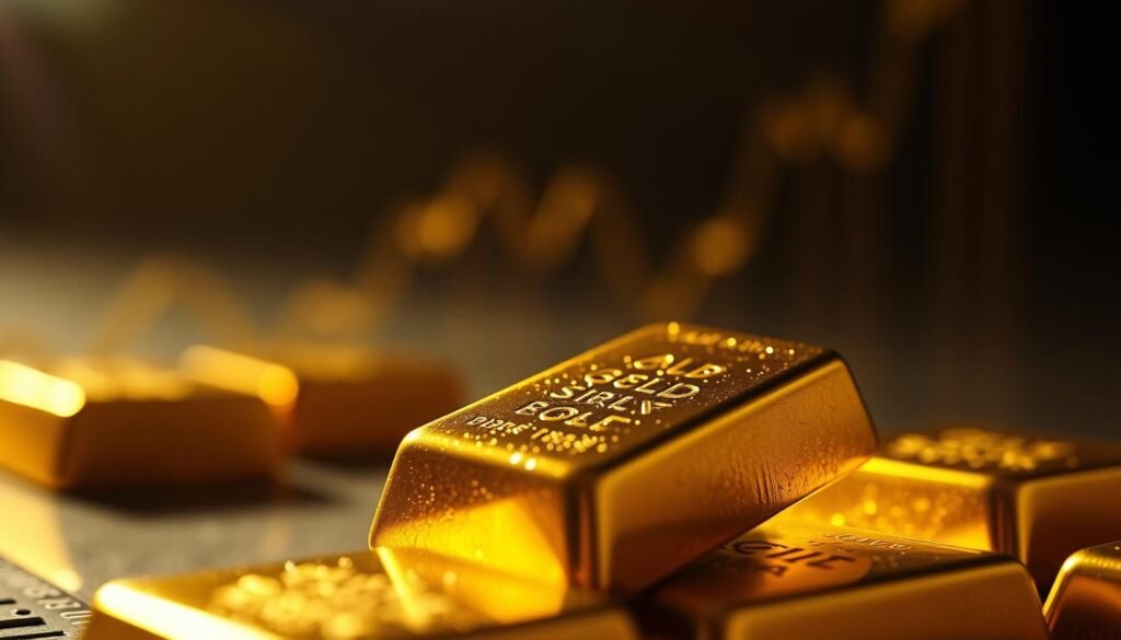 a stunning cinematic close-up view of a glittering gold bullion bar, illuminated by warm, soft lighting that casts dramatic shadows across its surface, capturing the timeless allure and perceived stability of gold as a financial asset in an evolving global economy. The bar is set against a blurred, ethereal background that suggests the ebb and flow of market trends and economic uncertainty. The image conveys a sense of the enduring value and potential of gold as a strategic investment, evoking a mood of confidence, security, and prudent financial planning.