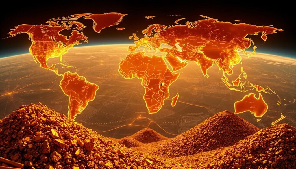 a vast global map illuminated by warm, golden lighting, depicting the major gold-producing regions and nations around the world, with intricate details highlighting the scale and distribution of gold extraction and production. The foreground showcases glimmering piles of gold nuggets and ingots, while the middle ground features active mining operations and processing facilities. The background is a panoramic view of the Earth, with continents and countries delineated in muted tones, emphasizing the worldwide nature of the global gold industry. The overall atmosphere conveys the grandeur, economic significance, and environmental impact of this precious metal's extraction and trade.