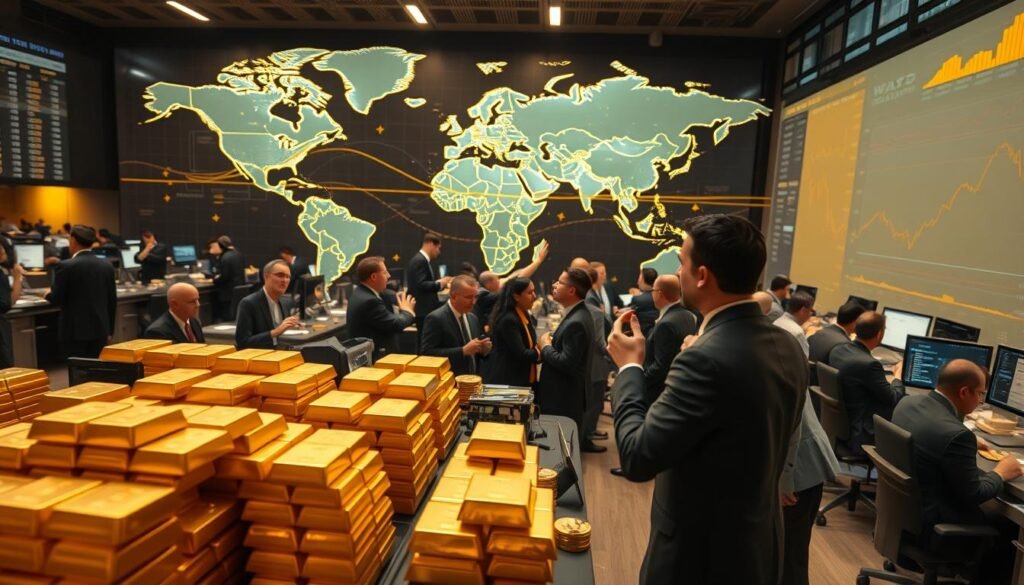 a vast global network of gold trading, with a bustling trading floor in the foreground filled with traders in suits, gesticulating animatedly and studying charts on their screens. In the middle ground, large bullion bars and stacks of gold coins are being carefully weighed and sorted. In the background, a wide view of the world map illuminates the scale of the international gold trade, with arrows and lines tracing the flow of gold across borders and continents. The lighting is warm and professional, capturing the high-stakes, fast-paced atmosphere of the global gold market.