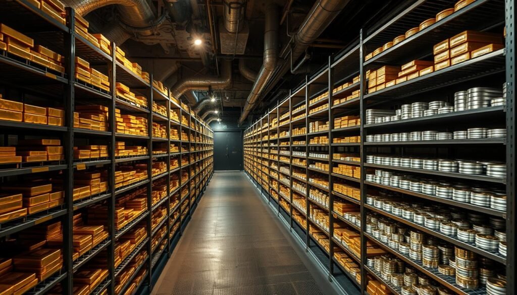 a vast underground vault, illuminated by soft, warm lighting, row after row of steel shelves holding gleaming bars and coins of gold, silver, platinum, and palladium, the precious metals stored with meticulous care, the shelves stretching deep into the shadows, a sense of security and stability, a secure sanctuary for the world's most valuable resources, the vault's thick walls and heavy doors protecting the wealth within, a scene of international monetary solidity and sound risk management a vast underground vault, illuminated by soft, warm lighting, row after row of steel shelves holding gleaming bars and coins of gold, silver, platinum, and palladium, the precious metals stored with meticulous care, the shelves stretching deep into the shadows, a sense of security and stability, a secure sanctuary for the world's most valuable resources, the vault's thick walls and heavy doors protecting the wealth within, a scene of international monetary solidity and sound risk management