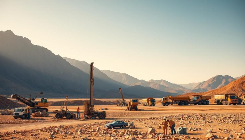 a wide and expansive landscape with rugged mountains and rolling hills in the background, bathed in warm, golden sunlight. In the foreground, a team of geologists and miners is hard at work, examining rock samples and utilizing specialized equipment to explore for potential gold deposits. The middle ground features various mining machinery, including drilling rigs, excavators, and transport trucks, all capturing the essence of the gold exploration sector. The scene conveys a sense of adventure, discovery, and the relentless pursuit of valuable natural resources, set against a backdrop of breathtaking natural beauty. The image is captured with a wide-angle lens, providing a panoramic view that showcases the scale and complexity of the gold exploration industry. a wide and expansive landscape with rugged mountains and rolling hills in the background, bathed in warm, golden sunlight. In the foreground, a team of geologists and miners is hard at work, examining rock samples and utilizing specialized equipment to explore for potential gold deposits. The middle ground features various mining machinery, including drilling rigs, excavators, and transport trucks, all capturing the essence of the gold exploration sector. The scene conveys a sense of adventure, discovery, and the relentless pursuit of valuable natural resources, set against a backdrop of breathtaking natural beauty. The image is captured with a wide-angle lens, providing a panoramic view that showcases the scale and complexity of the gold exploration industry.