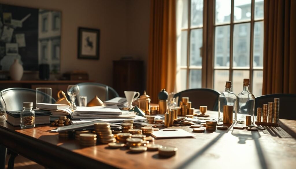 a wide, detailed view of a table with various investment objects and symbols representing common mistakes new gold investors make, such as impulsive purchases, over-leveraging, lack of diversification, and ignoring market trends. The table is illuminated by warm, natural lighting from a large window, casting soft shadows. The composition emphasizes the cluttered, overwhelming nature of these mistakes, with a sense of caution and unease. The background is blurred, keeping the focus on the table and its contents.