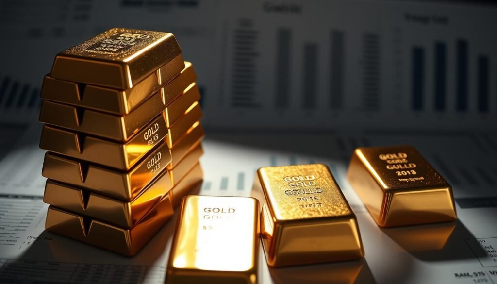 balance sheet with stacks of gold bullion bars, high contrast lighting from multiple angles, metallic sheen, intricate details of the gold texture, complex financial reports and documents in the background, clean and minimal composition, sense of wealth and financial stability, professional and authoritative tone, evocative of the importance of gold as a strategic asset on a company's balance sheet balance sheet with stacks of gold bullion bars, high contrast lighting from multiple angles, metallic sheen, intricate details of the gold texture, complex financial reports and documents in the background, clean and minimal composition, sense of wealth and financial stability, professional and authoritative tone, evocative of the importance of gold as a strategic asset on a company's balance sheet