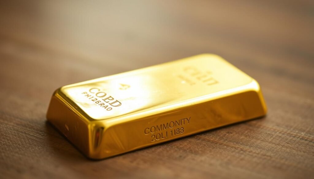 commodity gold, a gleaming ingot with a rich, warm hue, resting on a textured surface, perhaps a wooden table or a velvet cloth. The lighting is soft and diffused, casting gentle shadows and highlighting the subtle details of the metal's surface. The background is slightly blurred, creating a sense of focus on the precious metal. The image conveys a sense of solidity, value, and the timeless appeal of this traditional investment asset. The overall mood is one of sophistication, stability, and the enduring allure of precious commodities.