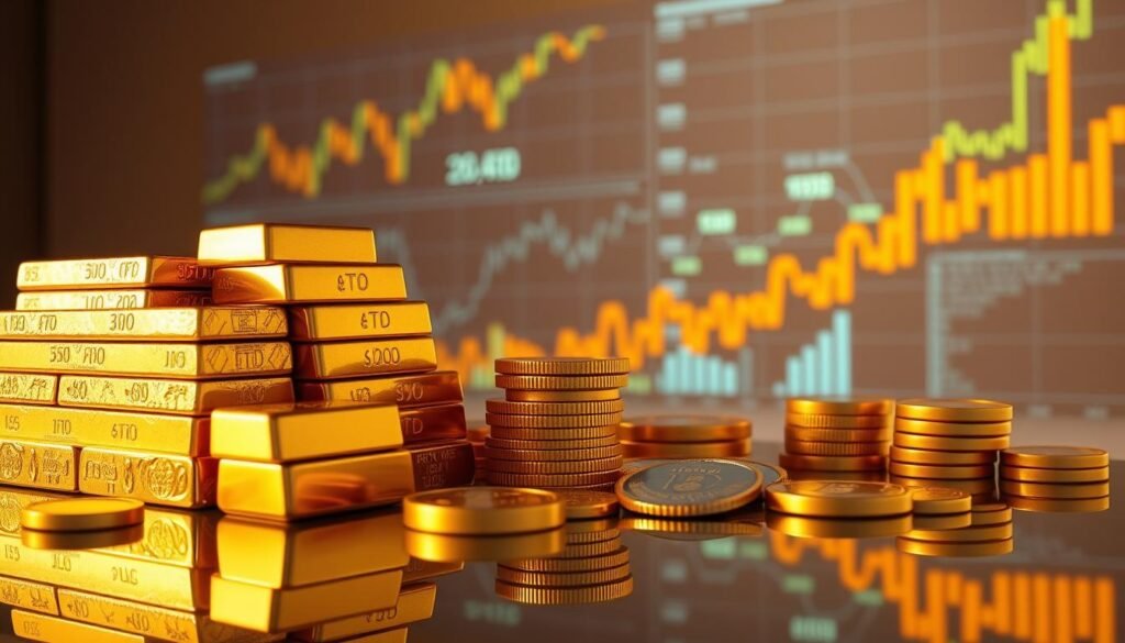 gold investment forms, a stack of physical gold bars, coins, and bullion displayed on a reflective surface, with a backdrop of financial charts and graphs projected onto a wall, warm lighting creating a sense of wealth and prosperity, high-quality 8k resolution, photorealistic, no text or logos
