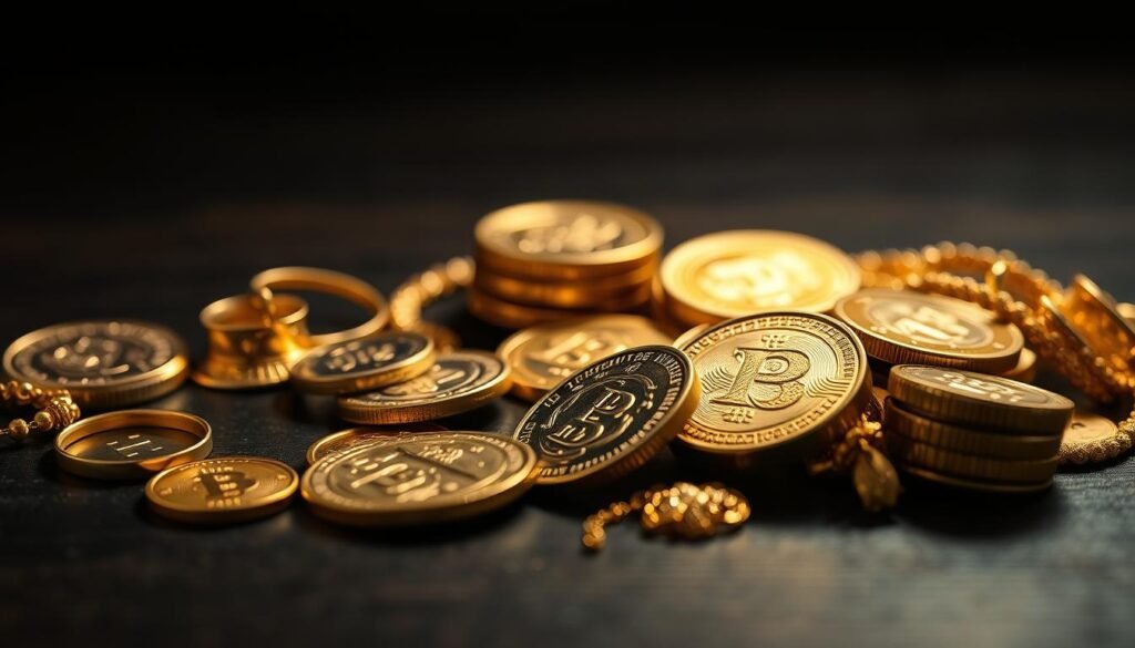 types of gold resale value, close-up view of different gold coins, bullion, and jewelry on a dark wooden surface, soft dramatic lighting from the side, gold items arranged in the foreground with a blurred background, high-quality detailed textures and reflections, warm color tones, a sense of wealth and value, shot with a professional DSLR camera lens, minimalist and elegant composition